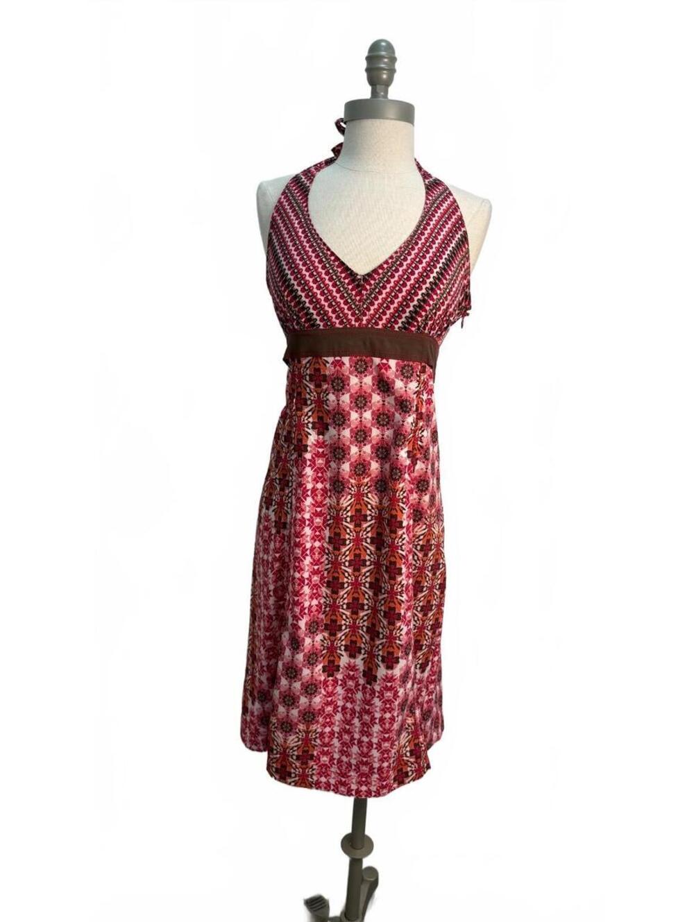 Athleta Women's Size 6 Halter Neck Summer Dress Pink and Red Geometric Pattern